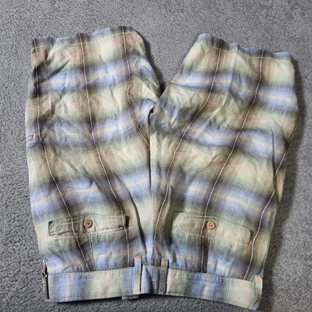 Tommy Bahama Mens 30 Relax Shorts Blue Green Plaid 100% Linen Drawstring Cargo